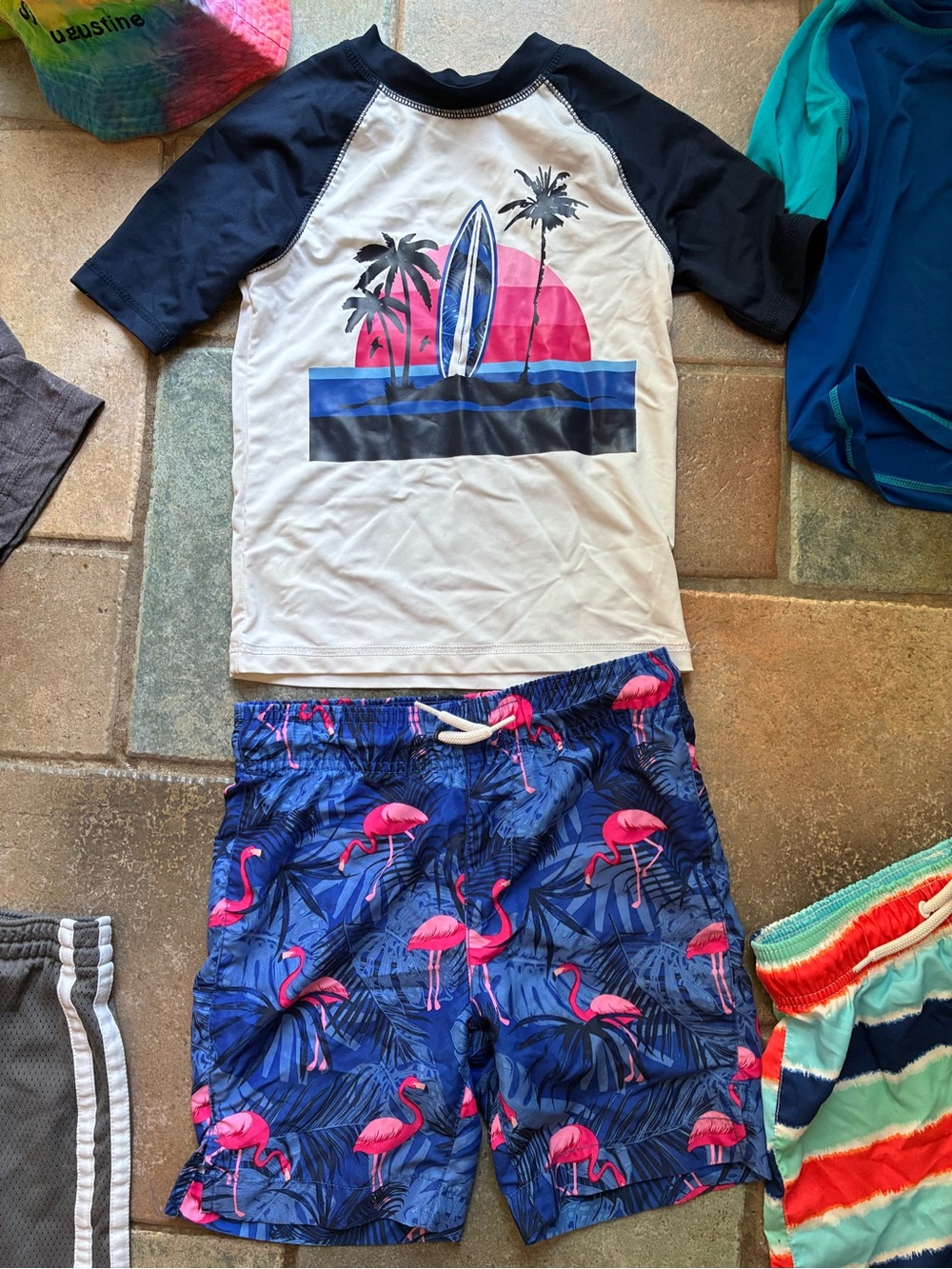 Boys Tropical Surf Rash Guard Set - Navy, White & Pink Flamingo Swim Shorts